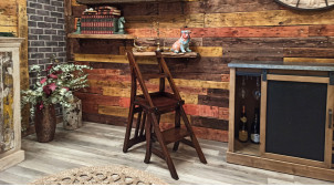 Chaise-escabeau en bois d'acajou finition brou de noix ambiance campagne chic, 90cm