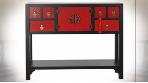 Console à 6 tiroirs en bois de sapin finition noire et rouge carmin de style Japonais, 95cm