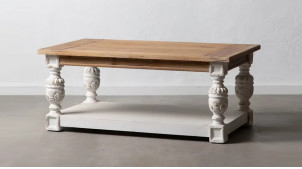 Table basse rectangulaire en bois avec pieds effet sculptés, ambiance vieille campagne, 120cm