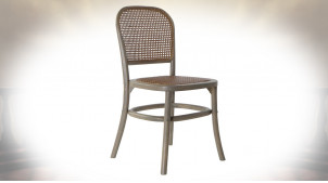 Chaise en bois de bouleau finition gris clair et cannage de rotin ambiance rétro, 85cm