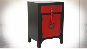Table de chevet en bois de sapin finition noire et rouge coquelicot ambiance Japonaise, 66cm