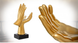 Trophée en céramique sur socle en bois, forme de mains ouvertes, finition noire et or, 34cm