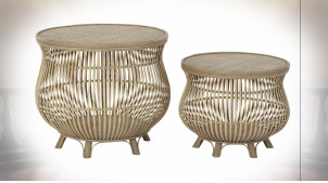 Série de 2 tables d'appoint en rotin finition naturelle ambiance tropicale, Ø50cm