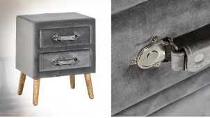 Table de chevet en bois et habillage velours gris ardoise brillant, deux tiroirs, ambiance chic, 53cm