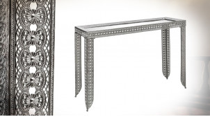 Console d'entrée en métal moucharabieh, finition brillante chromée et plateau miroir, ambiance orientale, 120cm