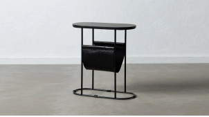 Table d'appoint ovale en métal, marbre et cuir avec porte-magazines, ambiance noire élégante, 59cm