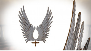 Support bougie mural en métal, paire d'ailes finition gris antique décapé et laiton doré, 51cm
