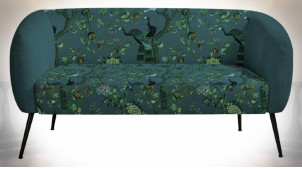 Canapé pour 2 personnes finition vert foncé motifs fleuris et d'oiseaux ambiance rétro, 140cm