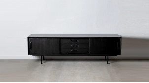 Grand meuble TV en bois de manguier massif, finition charbon mate, 200cm