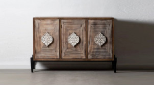 Buffet trois portes en bois sculpté, ambiance moderne finition brute naturelle, 133cm