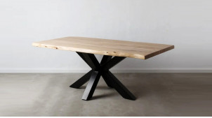 Table en acacia massif et pied central en croix, finition naturelle et acier charbon noir, 200cm