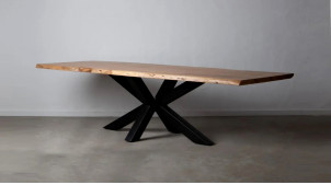 Table de 300cm en acacia massif et pied central en croix, finition naturelle et charbon noir
