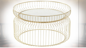 Table d'appoint avec galerie en métal finition dorée et plateau en marbre blanc ambiance moderne design, Ø71cm