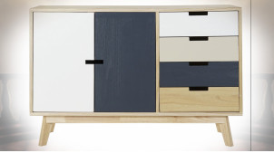 Buffet de style contemporain en bois finition naturelle, façades de portes blanches et bleu marine, 100cm