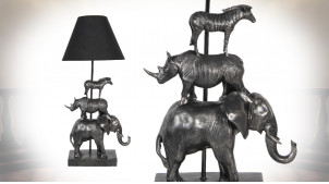 Lampe de salon avec pied en figures d'animaux sauvages, finition vieil argent, abat-jour noir, 65cm