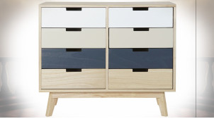 Commode à 8 tiroirs en bois finition naturelle, façades de tiroirs tricolores ambiance contemporaine, 79cm