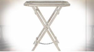 Table d'appoint en bois de manguier sculpté finition naturelle blanchie de style Indien, 83cm