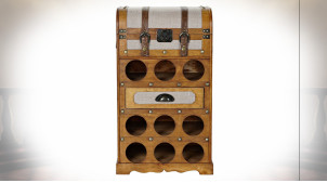 Meuble d'appoint avec 9 casiers pour bouteilles en forme de vieille malle en bois de peuplier finition naturelle ambiance rétro,