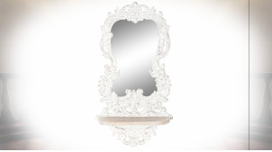 Miroir en bois de manguier sculpté finition blanche vieillie de style classique, 89cm