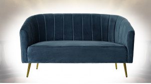 Canapé 2 places en métal doré et polyester effet velours finition bleu roi ambiance rétro, 140cm