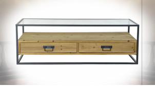 Table basse 2 tiroirs en bois de sapin finition naturelle et plateau en verre transparent ambiance atelier moderne, 120cm