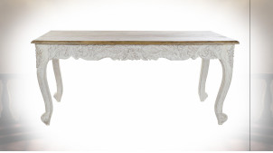 Table en bois de manguier sculpté finition naturelle et blanc vieilli de style classique, 180cm