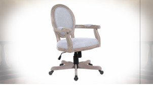 Fauteuil de bureau d'inspiration chaise médaillon en lin gris et bois finition naturelle de style classique, 106cm