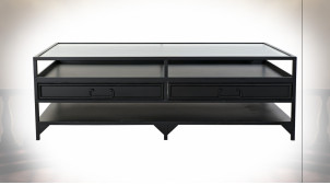 Table basse en métal finition gris anthracite plateau en verre ondulé ambiance industrielle moderne, 120cm