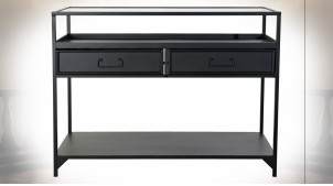 Console à 2 tiroirs en métal finition gris anthracite et plateau en verre ondulé transparent de style industriel moderne, 100cm
