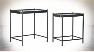 Série de 2 tables d'appoint gigognes en métal finition gris anthracite, plateaux en verre ondulé ambiance industrielle moderne, 62cm