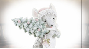 Figurine de petite souris en résine avec sapin sur l'épaule, ambiance Noël, 8cm