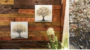 Série de 2 tableaux carrés en bois et toile, représentations d'arbres en relief, 40cm