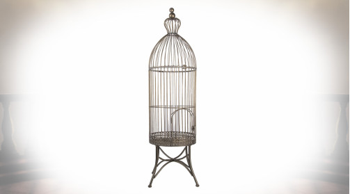 Cage à oiseaux ronde vintage en métal argenté sur support à quatre pied 1,07 mètre de haut