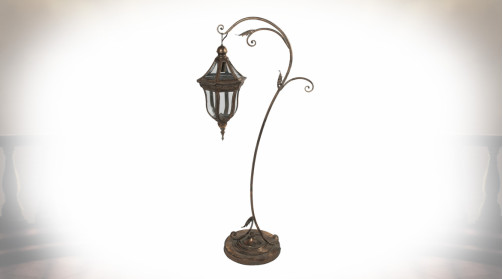 Lampadaire vintage en forme d’ancienne lanterne couleur bronze vieilli avec éclairage 1xE27