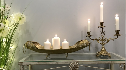 Centre de table doré en métal, forme de barque - de gondole finition brillant avec anneaux latéraux
