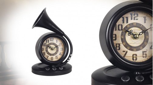 Horloge de table en métal en forme de gramophone ancien, noir finition argent