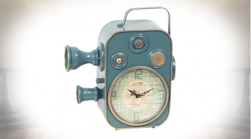 Horloge de table en métal en forme d’ancienne caméra de cinéma, finition bleu et cuivre