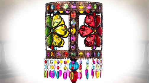 Lampe de chevet en dentelle de métal et pampilles en acrylique colorée, ambiance oriental chic