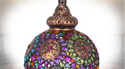 Suspension en forme de grande lanterne orientale, finition cuivrée et colorée