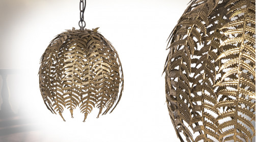 Luminaire en métal en forme de cocon composé de feuilles de fougères, original et chic, finition doré