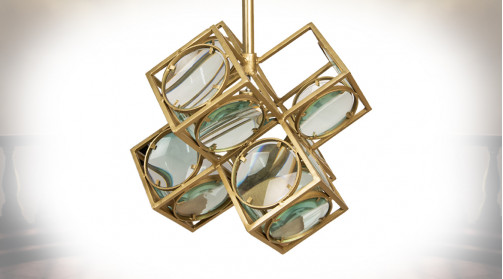 Suspension de style cubique en métal finition laiton doré, panneaux de verre circulaire en verre