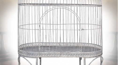 Très grande cage à oiseau en métal sur pieds, forme ovale, 185cm de hauteur finale