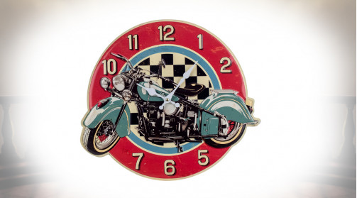 Horloge murale en métal style vintage, couleurs usées et impression de moto