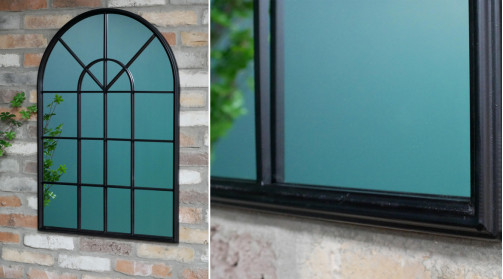Miroir mural en forme de fenêtre arrondie, effet carraux, encadrement finition noir vieilli oxydé