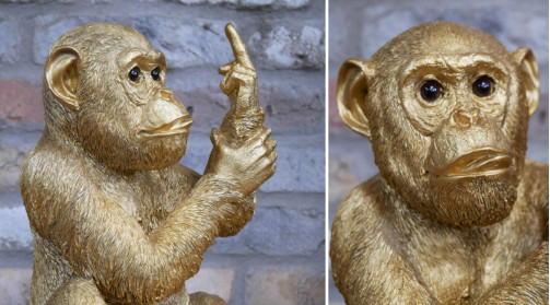 Sculpture de singe en résine, finition doré effet ancien, avec doigt levé, 30cm de haut