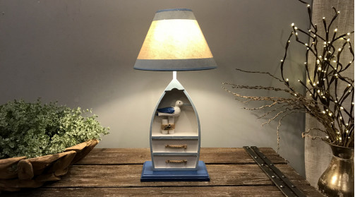 Lampe de style bord de mer en bois finition blanc antique et bleu vieilli, Ø25cm