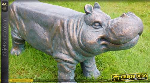 Tabouret banc en résine haute densité, finition bronze vieilli, en forme de statuette d’hippopotame