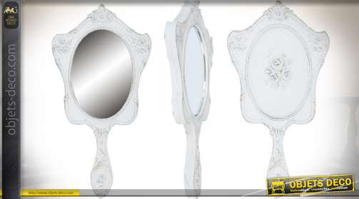 Miroir rétro patine blanche, miroir ovale à main