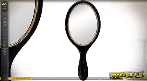 Miroir à main ovale noir en bois patiné à l’ancienne