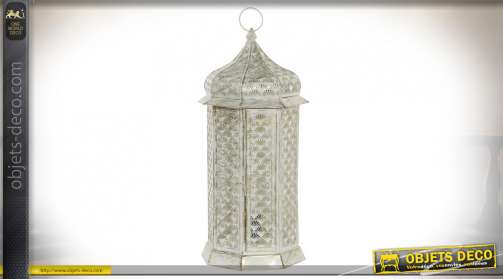 Lanterne en métal de style orientale, finition dorée blanchie, esprit moucharabieh, 54cm